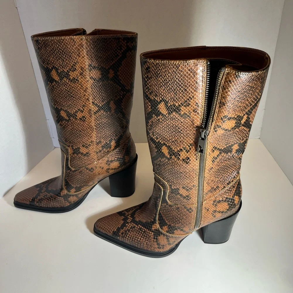 Women’s Handmade Franco Sarto Tan Black Snake-Print Ankle Calf Boots New In Box - Picture 3 of 9